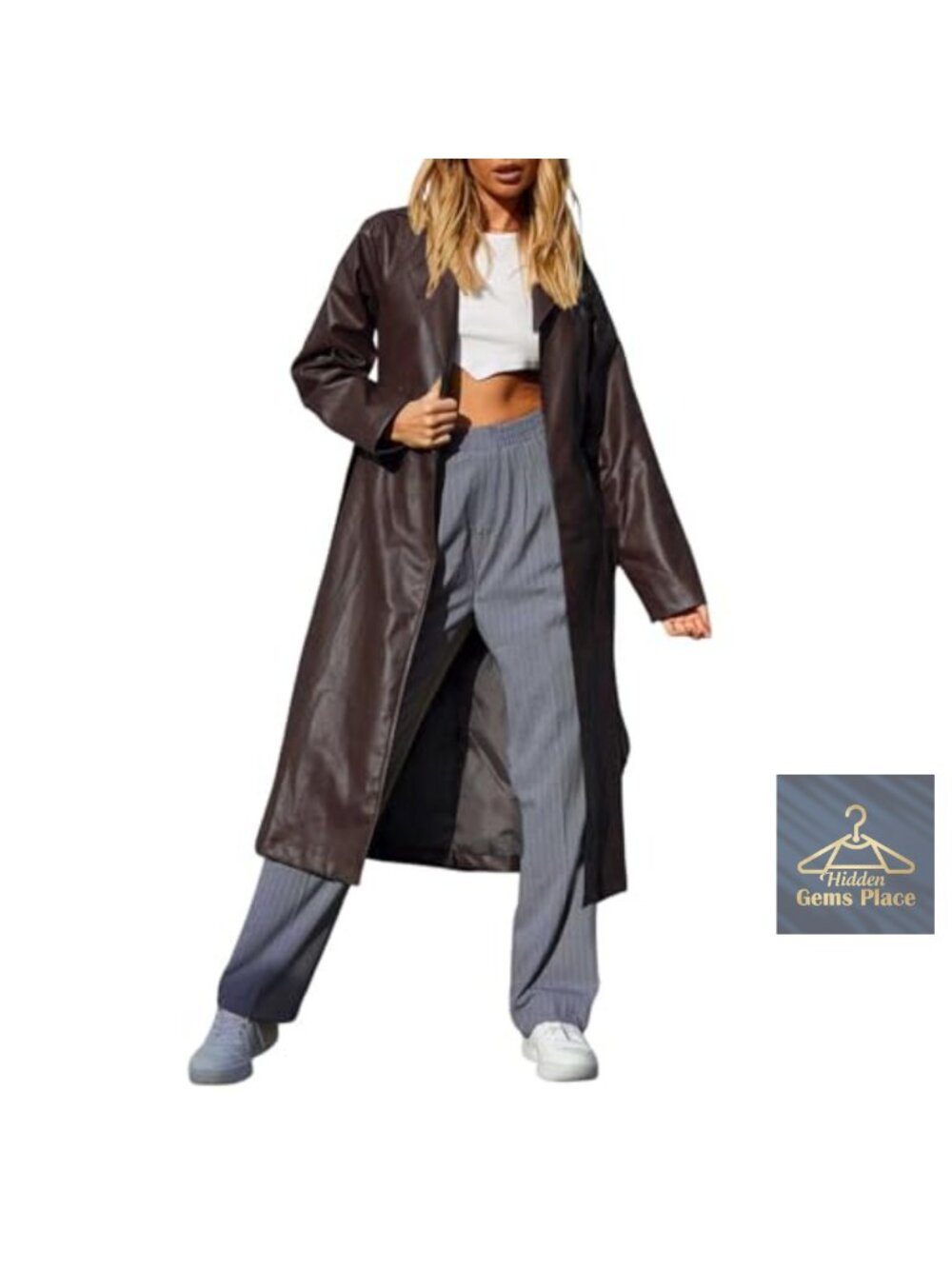 Faux Leather Long Trench Coat with Belt for Women